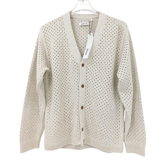 NWT KOTN Mens Mina Cardigan Oatmeal Perforated Knit Cotton Button Front Size XS - Picture 2 of 8